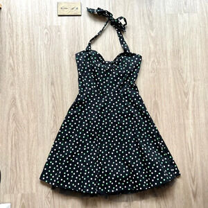 Vintage Pulse Polka Dot Halter Midi Swing Dress